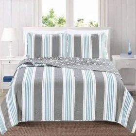 King 3 Piece Coastal Starfish Sand Dollar Grey Blue White Nautical Quilt Set