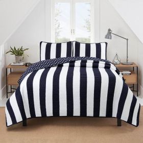 King 3 Piece Reversible Navy White Stars Stripes 100-Percent Cotton Quilt Set