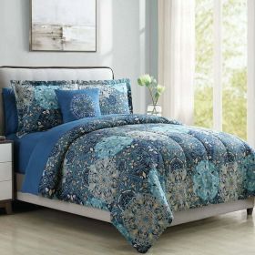 8 Piece Reversible Bed in a Bag, Deep Blue Damask, Granada, Queen - Deep Blue