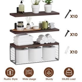 2 In 1 Floating Shelves Wall Mounted with Storage Basket Bathroom Shelves Over Toilet Wooden Shelves for Bedroom Living Room Kitchen Office Wall Decor