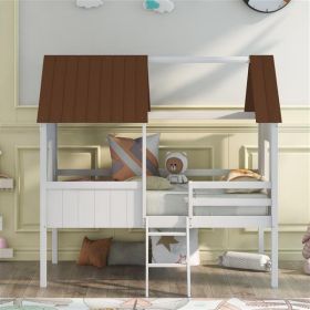 Twin Size Low Loft Wood House Bed with Two Side Windows (White+Brown)