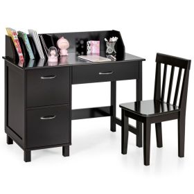 Kids Wooden Writing Furniture Set with Drawer and Storage Cabinet (Color: Dark Brown)