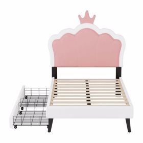 Twin Size Upholstered Princess Bed With Crown Headboard and 2 Drawers,Twin Size Platform Bed with Headboard and Footboard, Pink+White (Color: as picture)