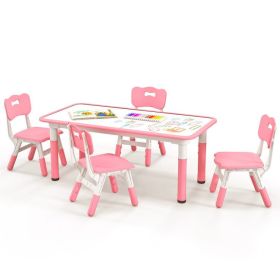 Kids Table and Chairs Set for 4 with Graffiti Desktop (Color: Pink)